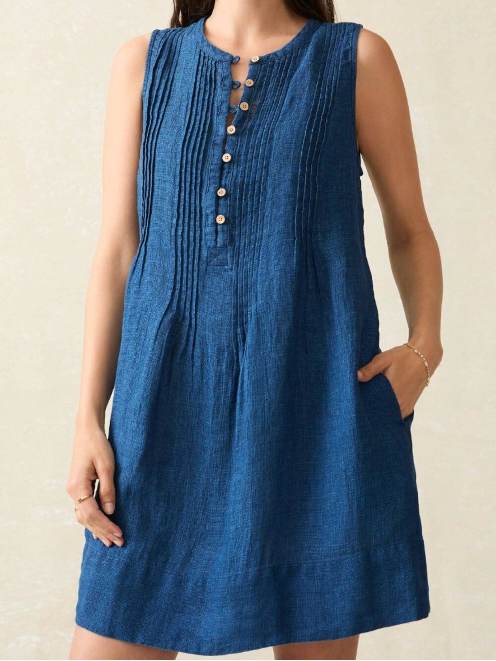 Faherty Blue Linen Isha Sleeveless Dress with Pockets